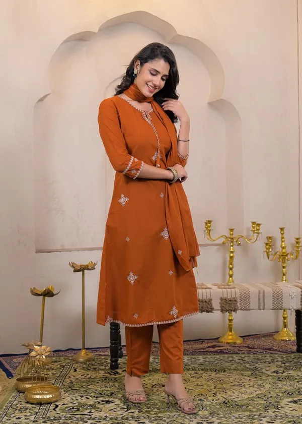 Orange_Cotton_Kurti_Pant_Dupatta_Set_For_Women