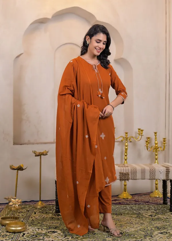 Orange_Cotton_Kurti_Pant_Dupatta_Set_For_Women