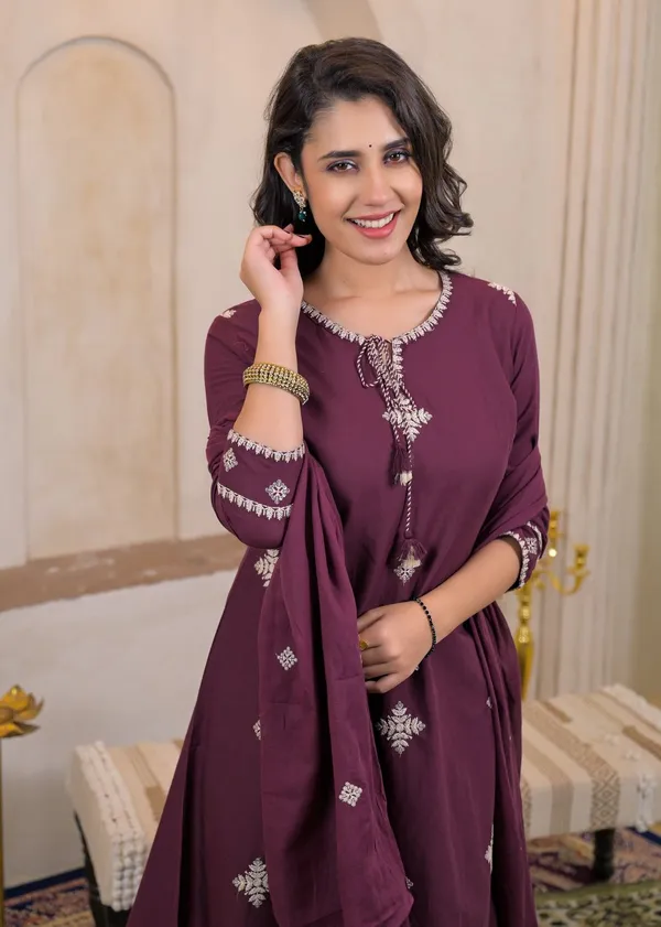 Wine_Color_Cotton_Kurti_Pant_Dupatta_Set_For_Women
