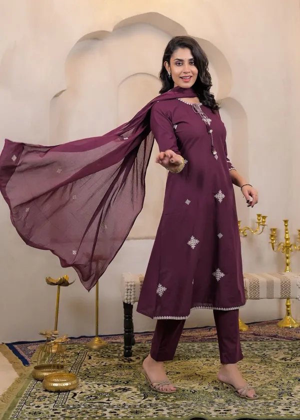 Wine_Color_Cotton_Kurti_Pant_Dupatta_Set_For_Women