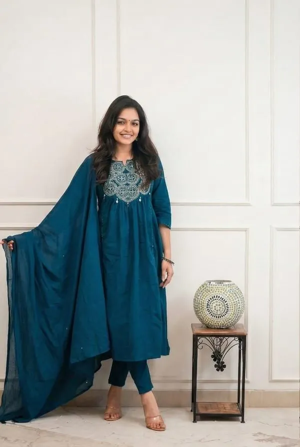 Dark_Blue_Cotton_Kurti_Pant_Dupatta_Set_For_Women