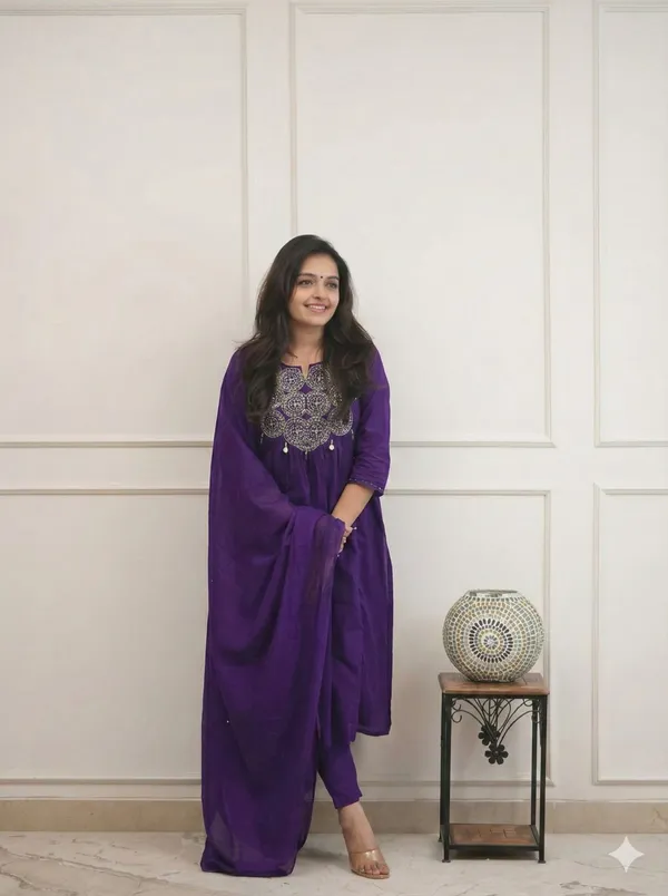 Purple_Cotton_Kurti_Pant_Dupatta_Set_For_Women