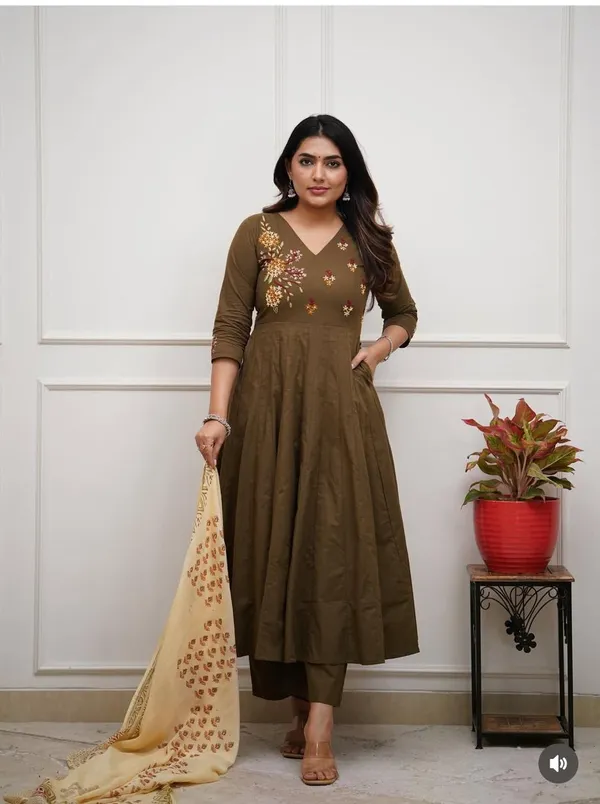 Green_Cotton_Anarkali_Kurti_Palazzo_Dupatta_Set_For_Women