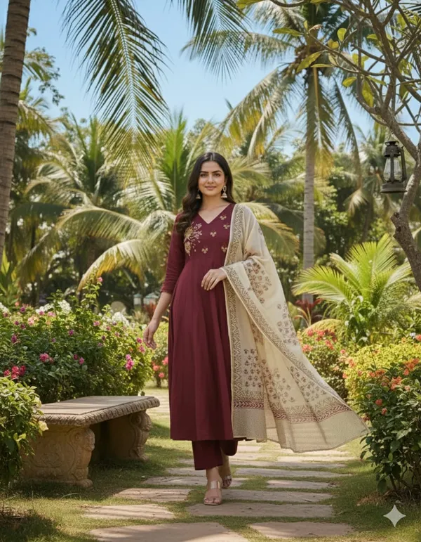 Dark_Maroon_Cotton_Anarkali_Kurti_Palazzo_Dupatta_Set_For_Women