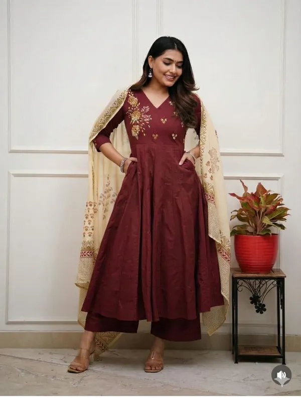 Dark_Maroon_Cotton_Anarkali_Kurti_Palazzo_Dupatta_Set_For_Women