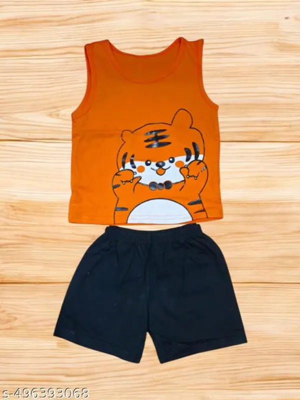 Multicolour_Cotton_Printed_Round_Neck_Sleeveless_T_Shirt_Short_Clothing_Sets_For_Boys_And_Girls
