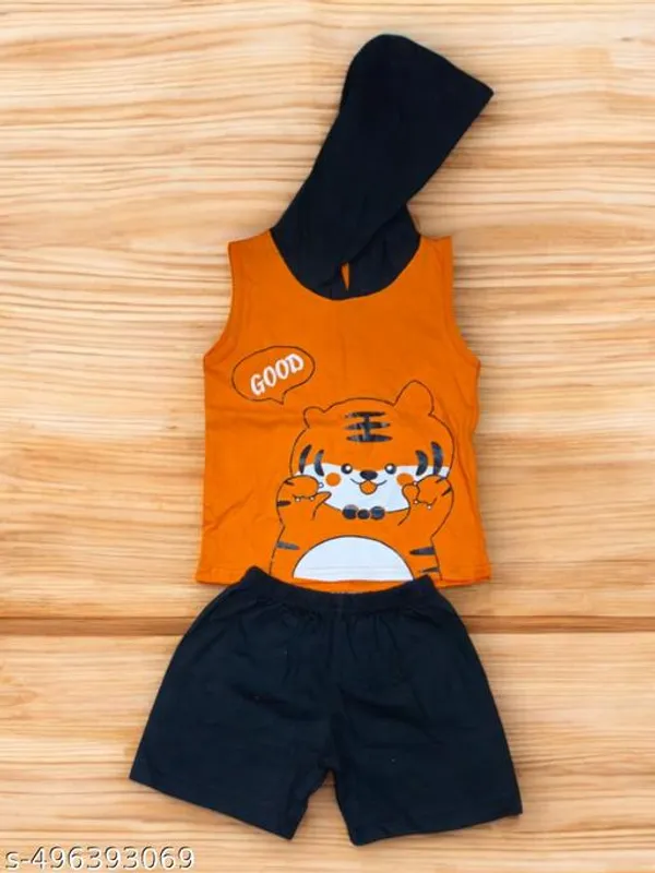 Multicolour_Cotton_Printed_Round_Neck_Sleeveless_T_Shirt_Set_With_Hood_For_Boys_And_Girls