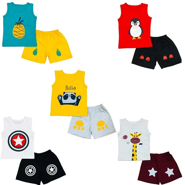Multicolour_Summer_Wear_T__Shirt_Shorts_Set_Dres_Printed_Clothing_Set_Pack_Of_5_For_Boys_And_Girls