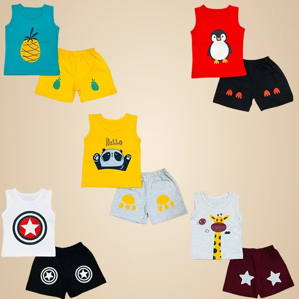 Multicolour_Summer_Wear_T__Shirt_Shorts_Set_Dres_Printed_Clothing_Set_Pack_Of_5_For_Boys_And_Girls