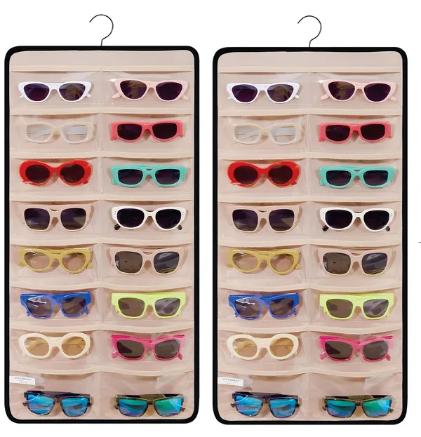 24_Clear_Slots_Sunglasses_Organizer_Storage_Hanging_Dust_Proof_Sunglasses_Storage_Case_Wall_Mounted,_Travel_Dual_Sided_Glasses_Case_Multiple_Pairs,_Eyeglasses_Holder_with__(Beige)