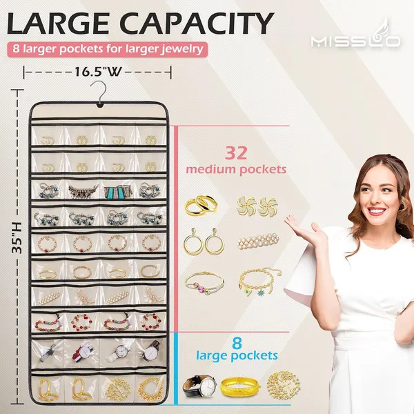 Double-Sided_Hanging_Jewelry_Organizer_24_Clear_Pockets+_Back_Side_Velcro_for_Necklaces,_Bracelets,_Rings_&_Earrings_Space-Saving_Jewelry_Storage_with_Hanger_(Beige)