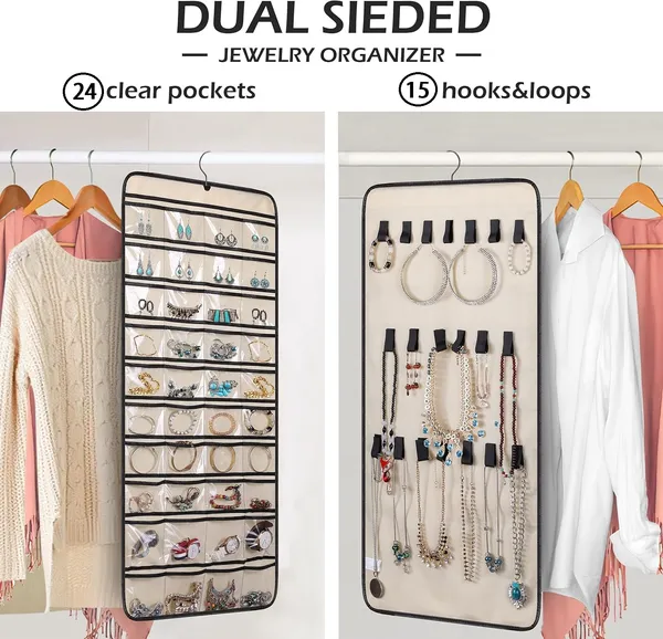 Double-Sided_Hanging_Jewelry_Organizer_24_Clear_Pockets+_Back_Side_Velcro_for_Necklaces,_Bracelets,_Rings_&_Earrings_Space-Saving_Jewelry_Storage_with_Hanger_(Beige)