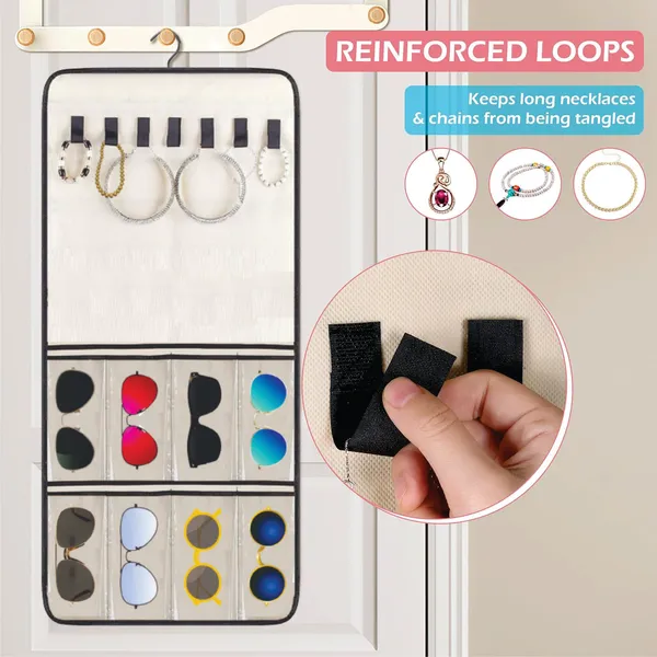 Double-Sided_Hanging_Jewelry_&_Sunglass_Organizer_32_Clear_Pockets_&_7_Hook_Loops_for_Earrings,_Necklaces,_Bracelets,_Rings_With_Hanger,_Beige