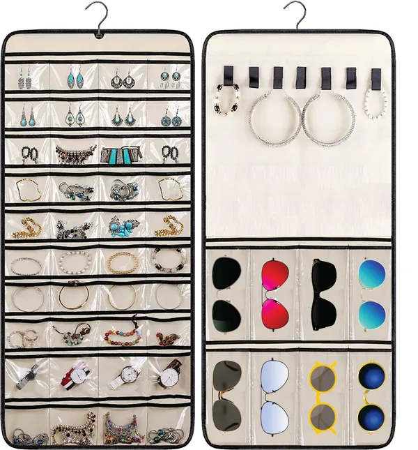 Double-Sided_Hanging_Jewelry_&_Sunglass_Organizer_32_Clear_Pockets_&_7_Hook_Loops_for_Earrings,_Necklaces,_Bracelets,_Rings_With_Hanger,_Beige