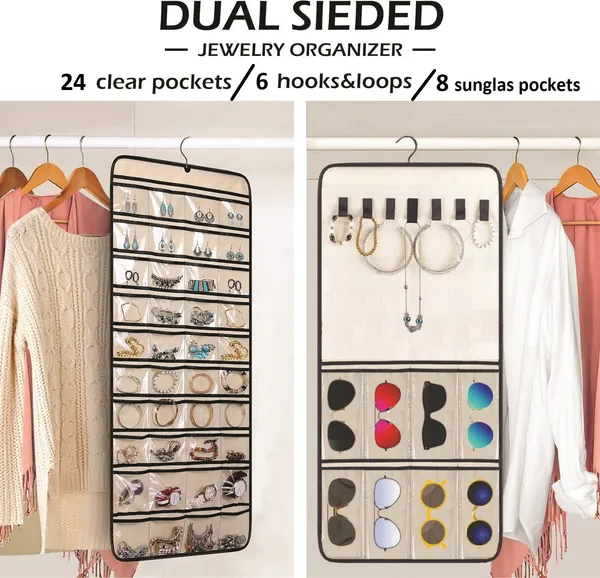 Double-Sided_Hanging_Jewelry_&_Sunglass_Organizer_32_Clear_Pockets_&_7_Hook_Loops_for_Earrings,_Necklaces,_Bracelets,_Rings_With_Hanger,_Beige