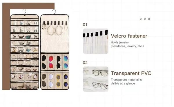 Double-Sided_Hanging_Jewelry_&_Sunglass_Organizer_32_Clear_Pockets_&_7_Hook_Loops_for_Earrings,_Necklaces,_Bracelets,_Rings_With_Hanger,_Beige