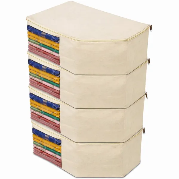 Pack_OF_4_Canvas_Cotton_Blouse_Organizer_for_Wardrobe/Transparent_Blouse_Covers_for_Storage/Dust_Proof_Blouse_Storage_Bags_with_Zipper/Saree_&_Blouse_Cover_for_Women_(38x25x17_cm/Off_White)