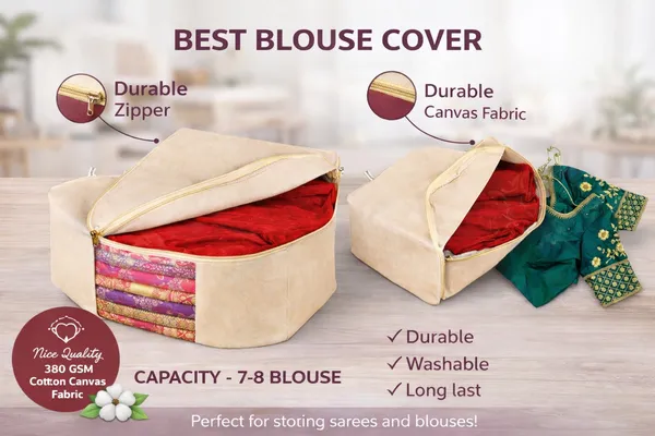Pack_OF_4_Canvas_Cotton_Blouse_Organizer_for_Wardrobe/Transparent_Blouse_Covers_for_Storage/Dust_Proof_Blouse_Storage_Bags_with_Zipper/Saree_&_Blouse_Cover_for_Women_(38x25x17_cm/Off_White)