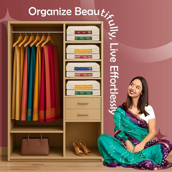 6_Pcs_Cotton_Saree_Covers/Storage_Bags_with_Zip_Cover/Space_Saving_Bag_with_Transparent_Window/Wardrobe_&_Cupboard_Organizer_for_Clothes/Bedsheets/Lehengas_(16_x_13_x_3_Inch/Beige)
