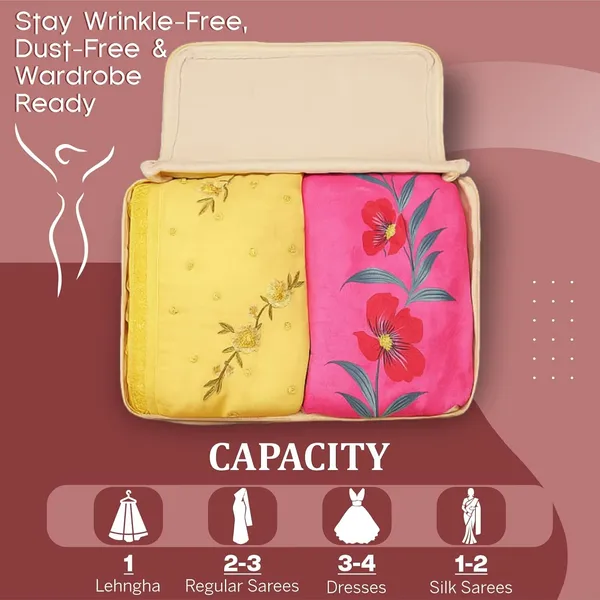 6_Pcs_Cotton_Saree_Covers/Storage_Bags_with_Zip_Cover/Space_Saving_Bag_with_Transparent_Window/Wardrobe_&_Cupboard_Organizer_for_Clothes/Bedsheets/Lehengas_(16_x_13_x_3_Inch/Beige)