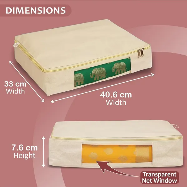 6_Pcs_Cotton_Saree_Covers/Storage_Bags_with_Zip_Cover/Space_Saving_Bag_with_Transparent_Window/Wardrobe_&_Cupboard_Organizer_for_Clothes/Bedsheets/Lehengas_(16_x_13_x_3_Inch/Beige)