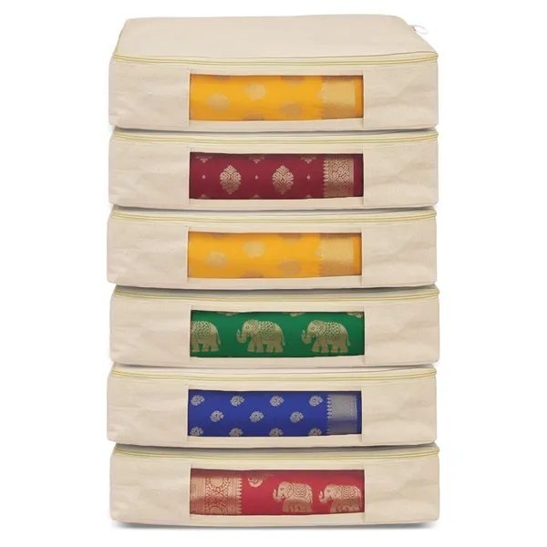 6_Pcs_Cotton_Saree_Covers/Storage_Bags_with_Zip_Cover/Space_Saving_Bag_with_Transparent_Window/Wardrobe_&_Cupboard_Organizer_for_Clothes/Bedsheets/Lehengas_(16_x_13_x_3_Inch/Beige)