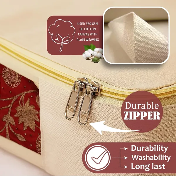 6_Pcs_Cotton_Saree_Covers/Storage_Bags_with_Zip_Cover/Space_Saving_Bag_with_Transparent_Window/Wardrobe_&_Cupboard_Organizer_for_Clothes/Bedsheets/Lehengas_(16_x_13_x_3_Inch/Beige)