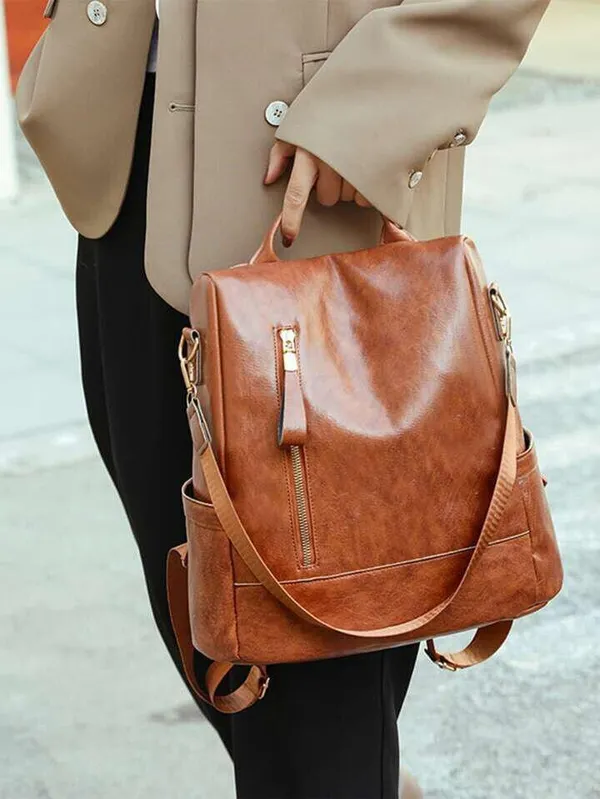 Tan_Non_Animal_Leather_Casual_Convertible_Backpack_Handbag_Backpack