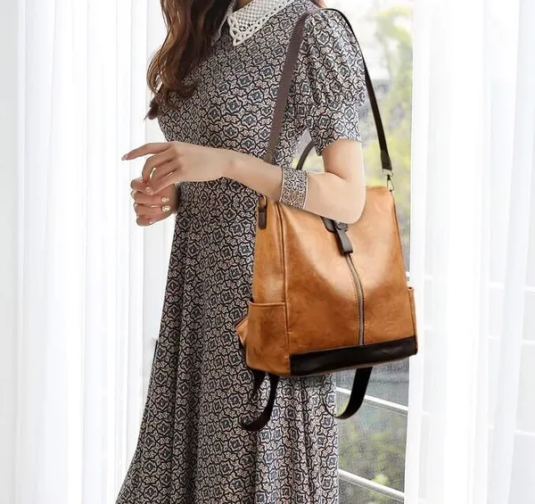Brown_Laptop_Backpack_Non_Animal_Leather_Casual_Convertible_Backpack_Handbag_Backpack
