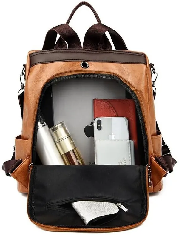 Brown_Laptop_Backpack_Non_Animal_Leather_Casual_Convertible_Backpack_Handbag_Backpack