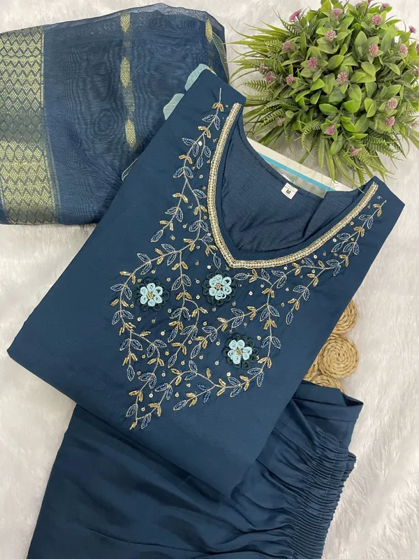 Blue_Silk_Blend_3/4_Sleeve_V_Neck_Kurti_Palazzo_Set_For_Women