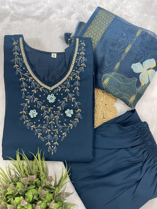 Blue_Silk_Blend_3/4_Sleeve_V_Neck_Kurti_Palazzo_Set_For_Women