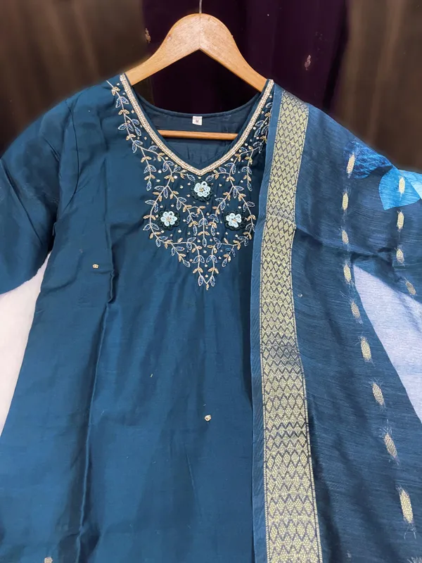 Blue_Silk_Blend_3/4_Sleeve_V_Neck_Kurti_Palazzo_Set_For_Women