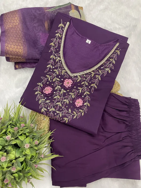 Wine_Silk_Blend_3/4_Sleeve_V_Neck_Kurti_Palazzo_Set_For_Women