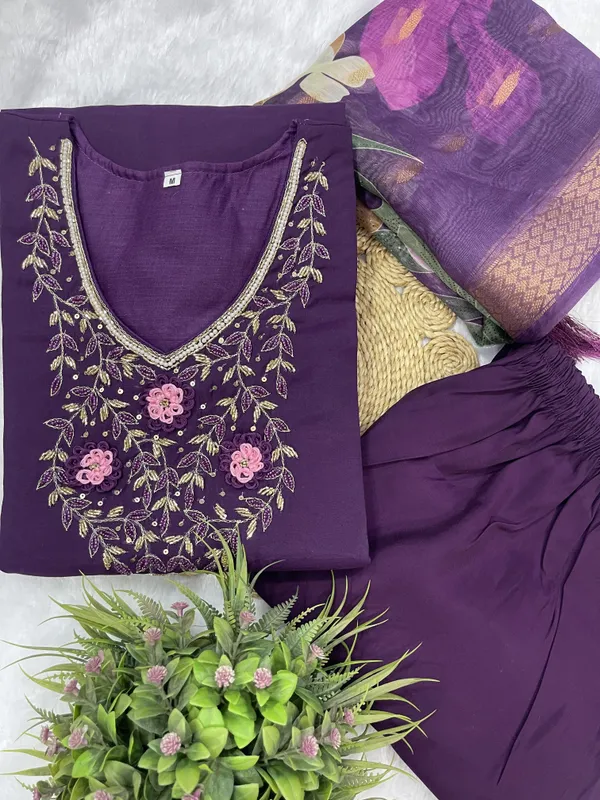 Wine_Silk_Blend_3/4_Sleeve_V_Neck_Kurti_Palazzo_Set_For_Women