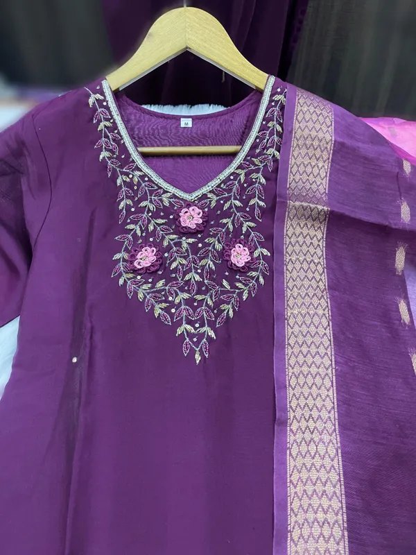 Wine_Silk_Blend_3/4_Sleeve_V_Neck_Kurti_Palazzo_Set_For_Women
