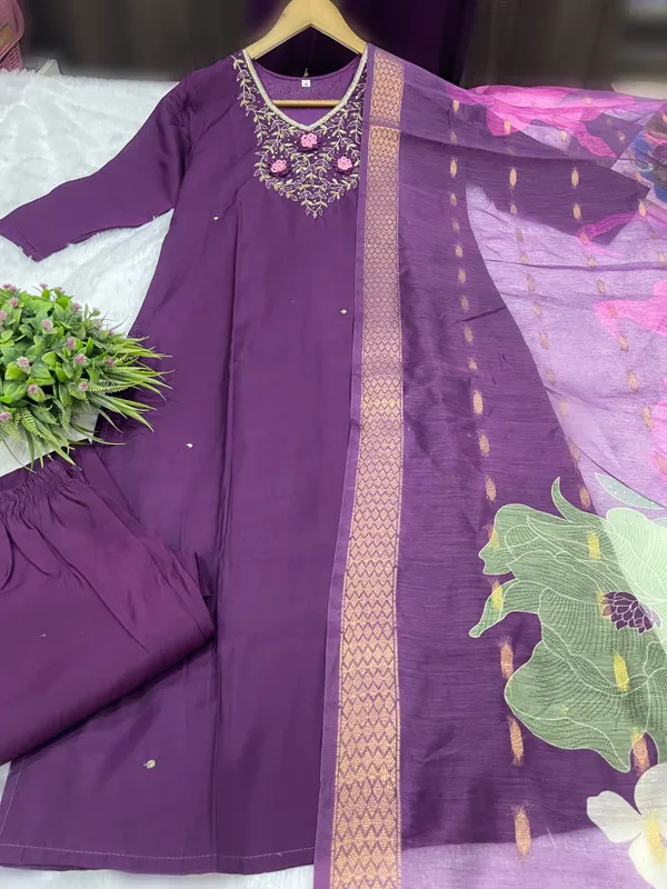 Wine_Silk_Blend_3/4_Sleeve_V_Neck_Kurti_Palazzo_Set_For_Women