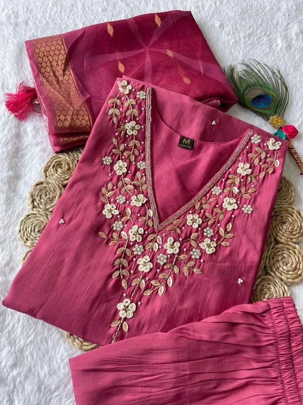 Multicolor_Silk_Blend_3/4_Sleeve_V_Neck_Kurti_Palazzo_Set_For_Women