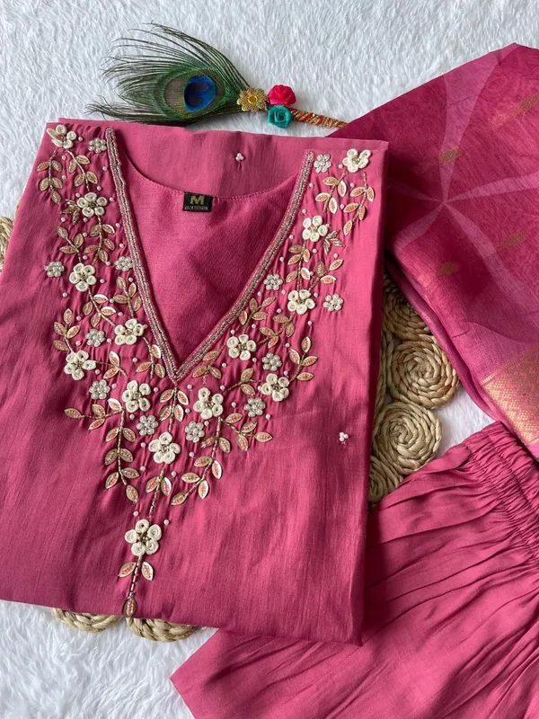 Multicolor_Silk_Blend_3/4_Sleeve_V_Neck_Kurti_Palazzo_Set_For_Women