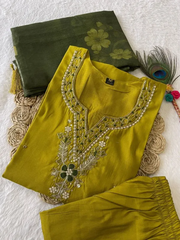 Yellow_Silk_Blend_3/4_Sleeve_V_Neck_Kurti_Palazzo_Set_For_Women