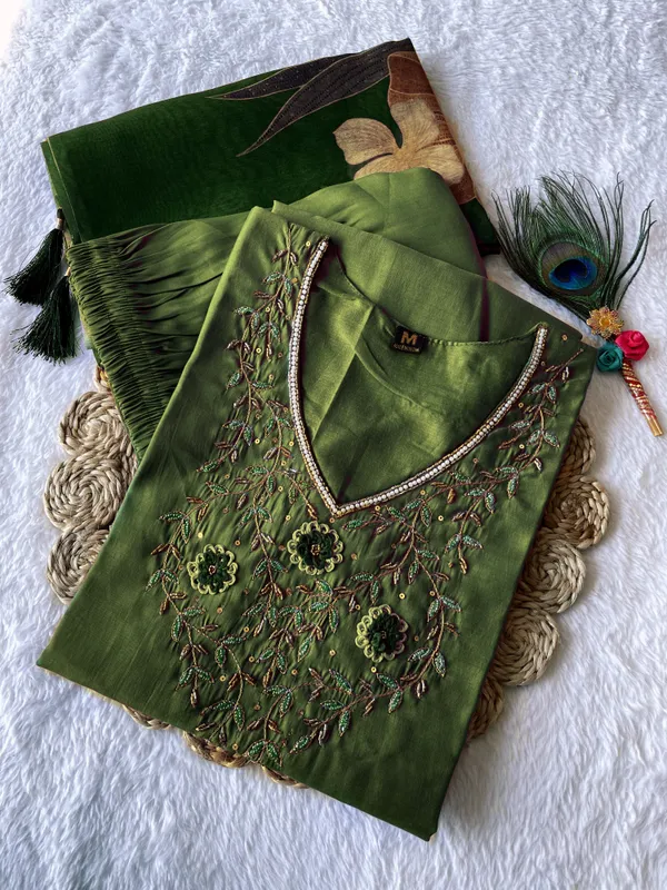 Green_Silk_Blend_3/4_Sleeve_V_Neck_Kurti_Palazzo_Set_For_Women