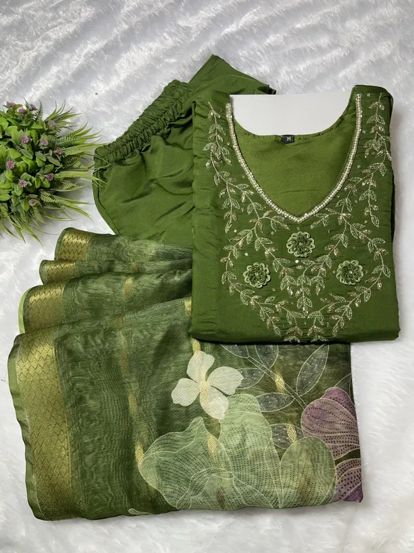 Green_Silk_Blend_3/4_Sleeve_V_Neck_Kurti_Palazzo_Set_For_Women