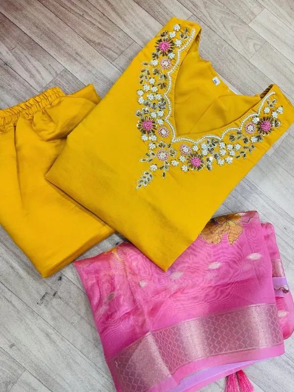 Yellow_Silk_Blend_3/4_Sleeve_V_Neck_Kurti_Palazzo_Set_For_Women