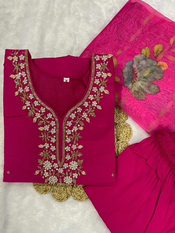 Dark_Pink_Silk_Blend_3/4_Sleeve_V_Neck_Kurti_Palazzo_Set_For_Women