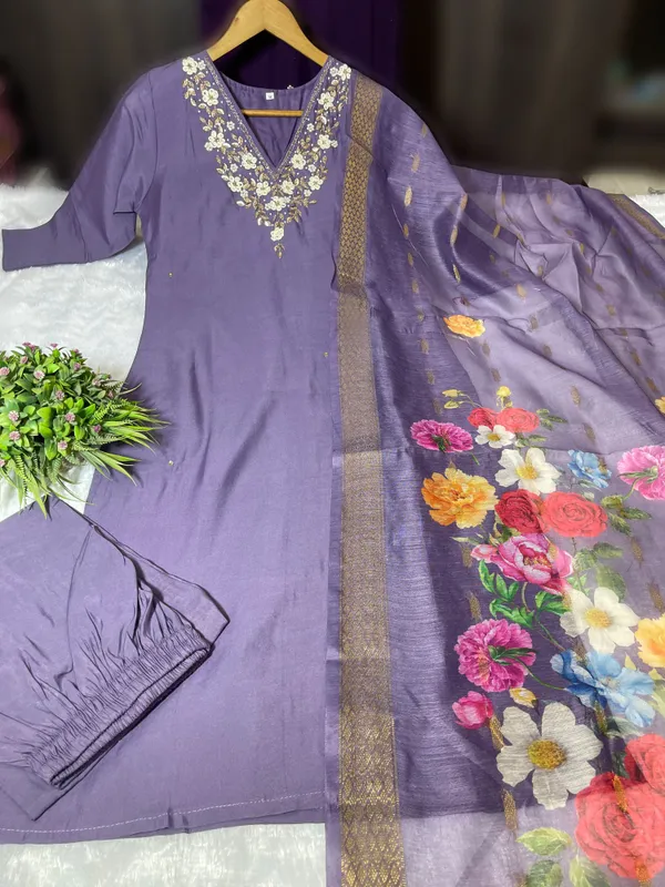 Multicolor_Silk_Blend_3/4_Sleeve_V_Neck_Kurti_Palazzo_Set_For_Women