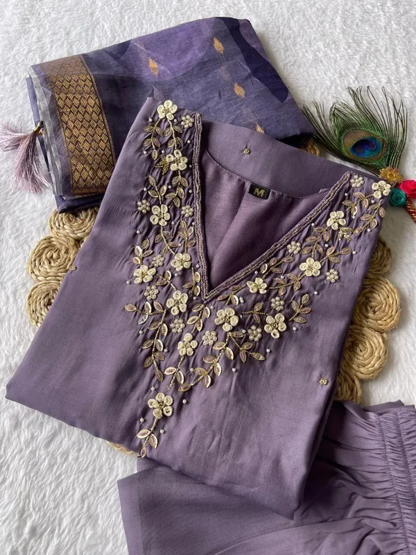 Multicolor_Silk_Blend_3/4_Sleeve_V_Neck_Kurti_Palazzo_Set_For_Women