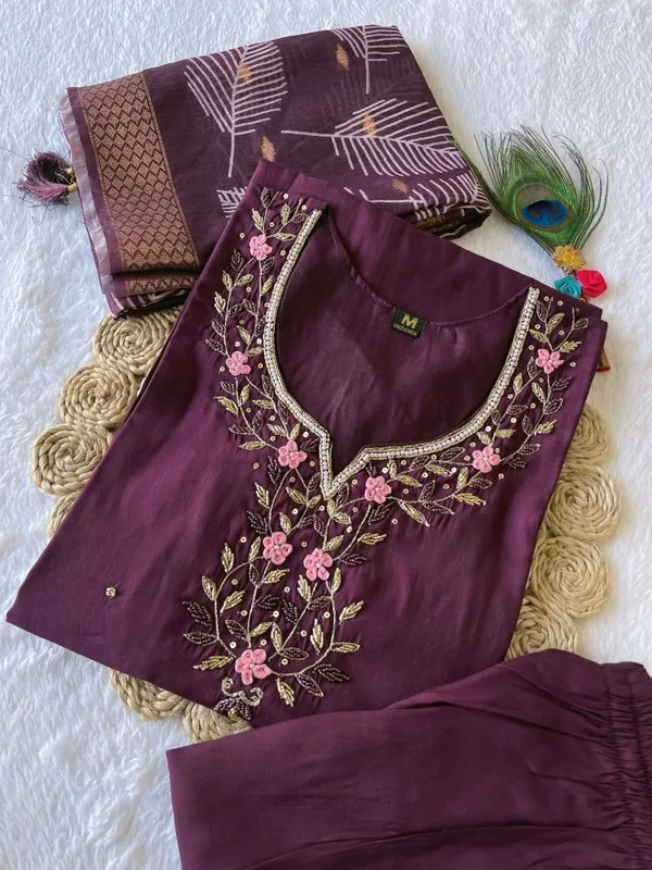 Wine_Silk_Blend_3/4_Sleeve_V_Neck_Kurti_Palazzo_Set_For_Women