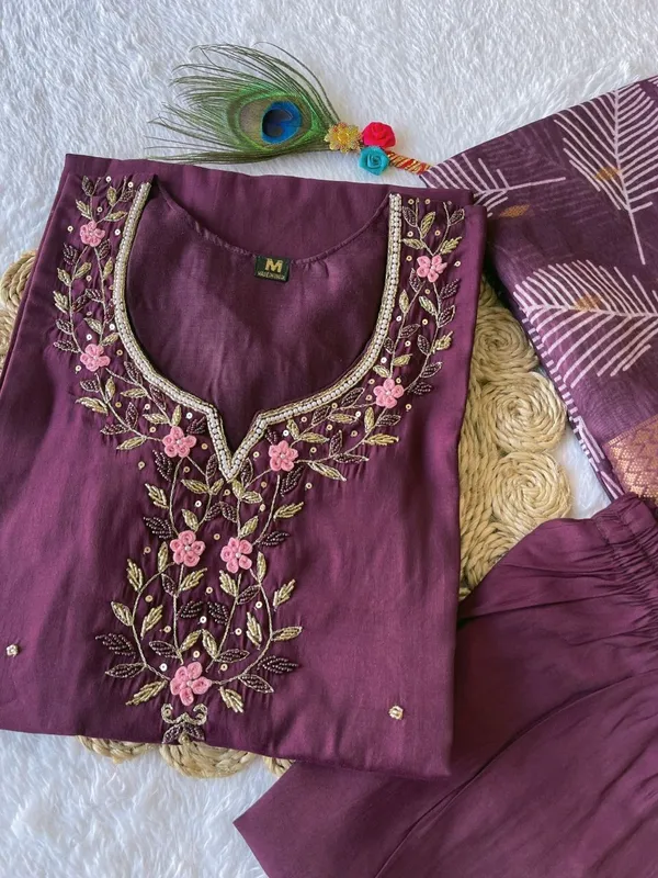Wine_Silk_Blend_3/4_Sleeve_V_Neck_Kurti_Palazzo_Set_For_Women