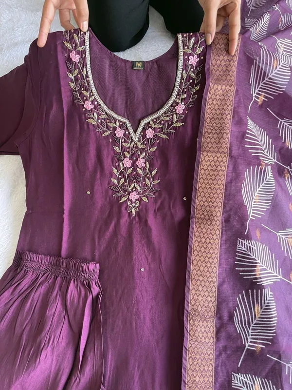 Wine_Silk_Blend_3/4_Sleeve_V_Neck_Kurti_Palazzo_Set_For_Women