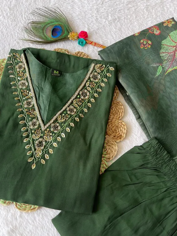 Mehendi_Green_Silk_Blend_3/4_Sleeve_V_Neck_Kurti_Palazzo_Set_For_Women